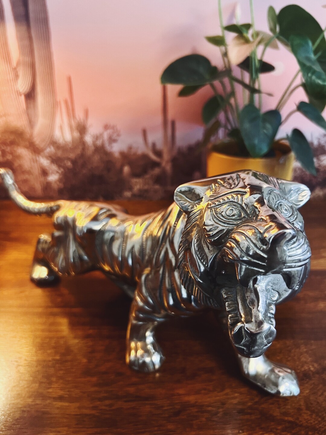 Vintage Brass Tiger Figurine, Tiger Home Decor, Large Vintage