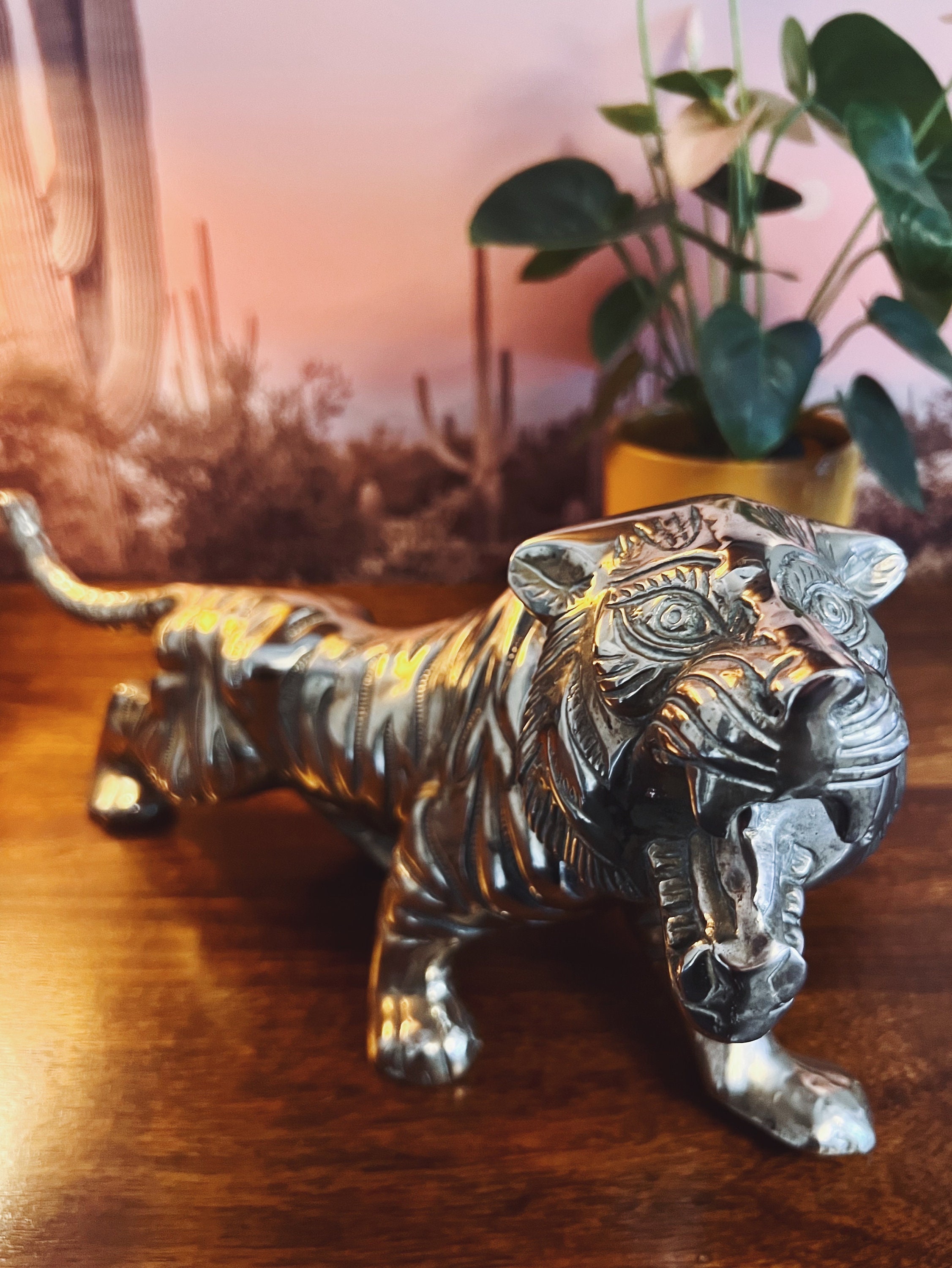 Vintage Brass Tiger Figurine, Tiger Home Decor, Large Vintage Statement Piece, Tropical