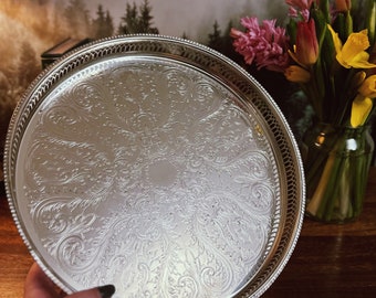 Vintage Ornate Silver On Copper Round Gallery Serving Tray With Handles, Antique Silver Serving Tray, Vintage Serverware, Gifts For The Home