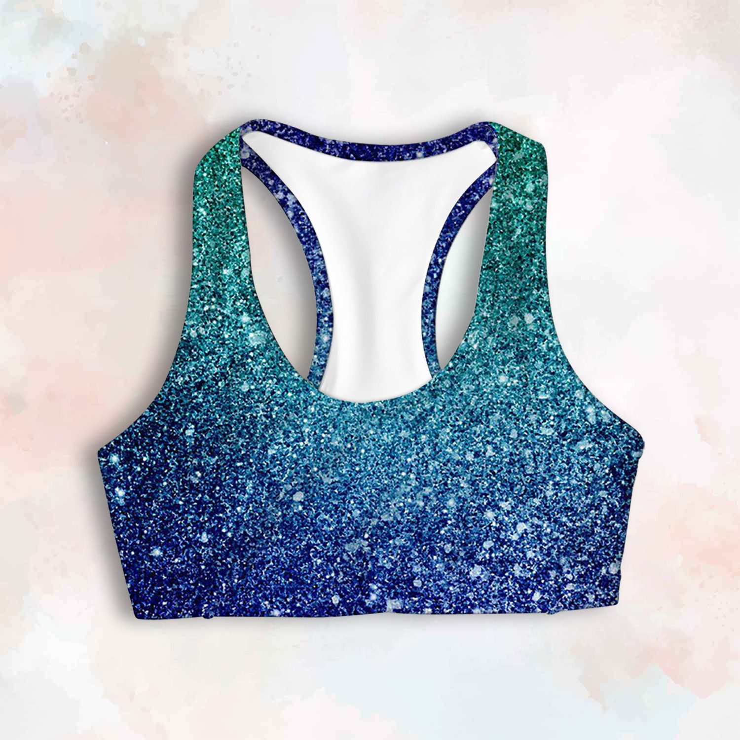 Bling Sports Bra, Shiny Blue Crop Top, Glitter Print Gym Bra