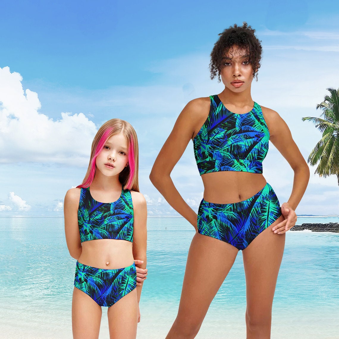 Electric Jungle Navy Blue Two-Piece Sporty Swimsuits - Mommy and Me