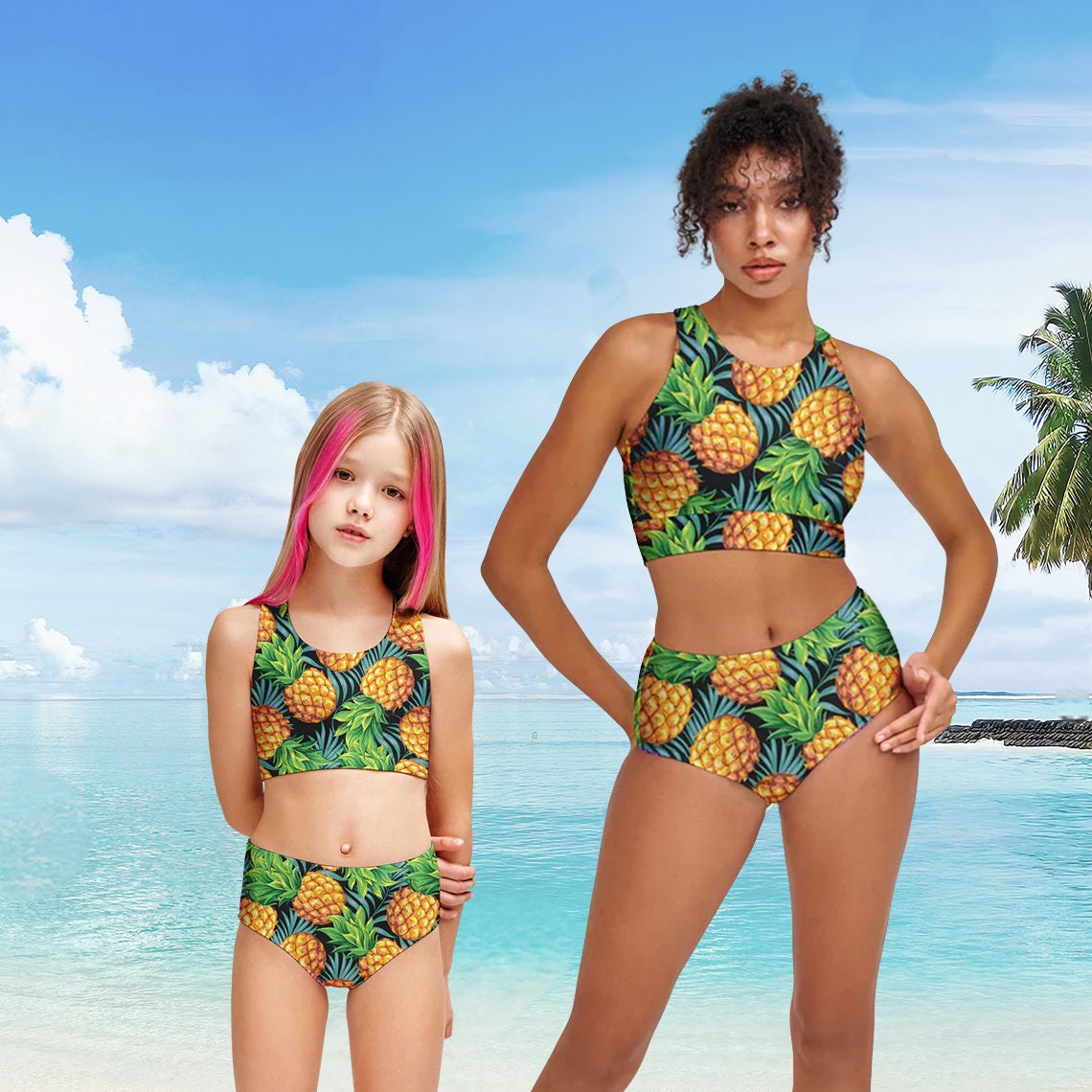 Electric Jungle Navy Blue Two-Piece Sporty Swimsuits - Mommy and Me