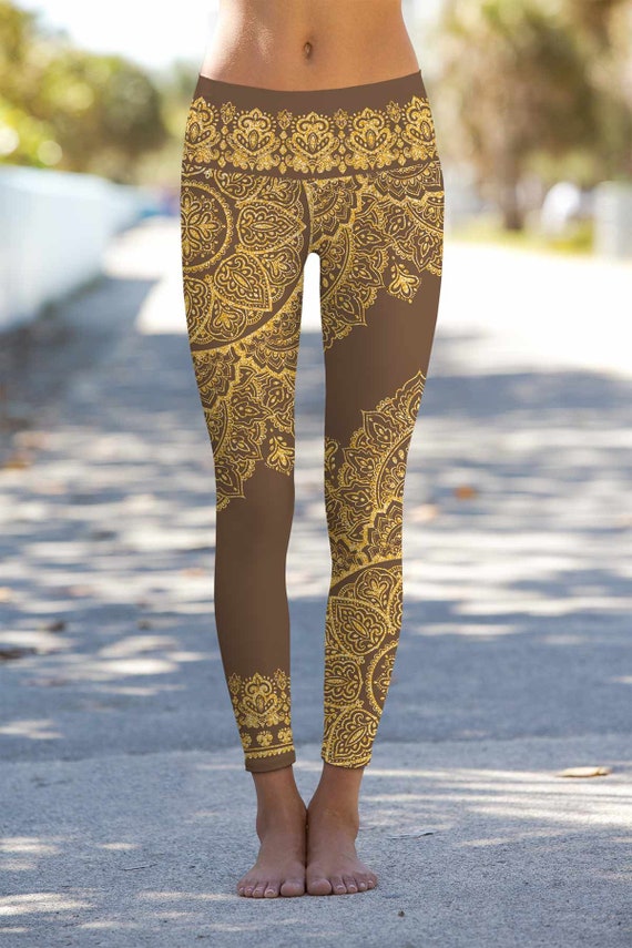 Mandala Print Yoga Pants, Brown Leggings With Gold Mandala Print