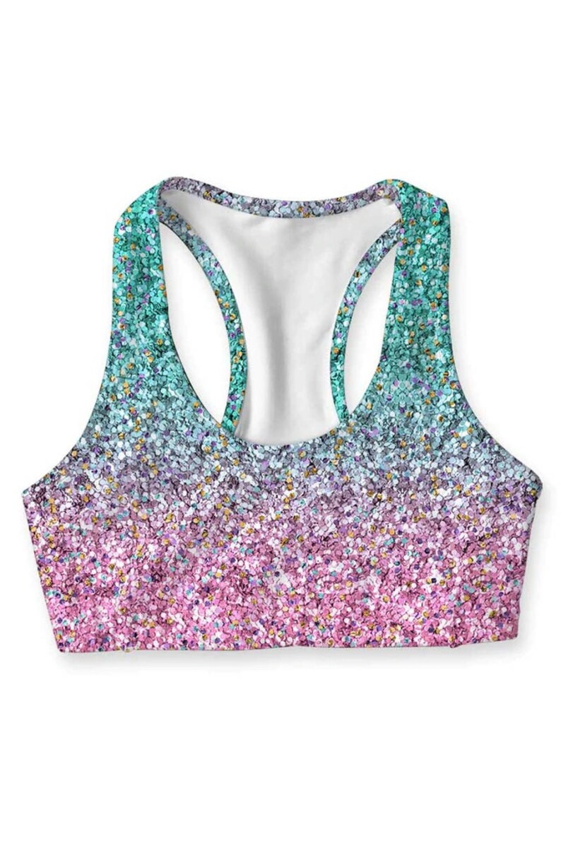 Printed Glitter Sports Bra for Women, Zumba Bra, Racerback Top, Yoga