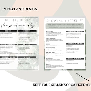 May include: A checklist for getting ready for a home photo shoot. The checklist includes interior and exterior tasks, as well as a showing checklist with tips for showing a home in 10 minutes, 30 minutes, and one hour. The checklist is printed on a white background with green floral accents.