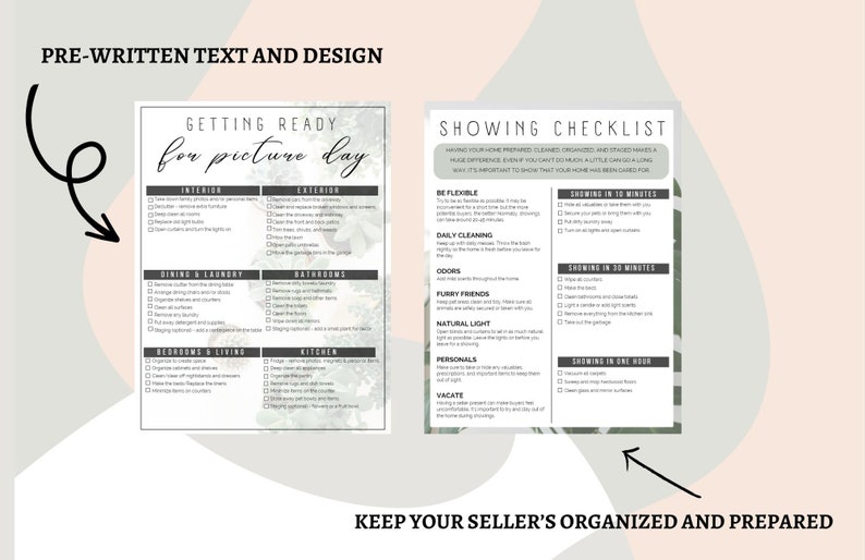 May include: A checklist for getting ready for a home photo shoot. The checklist includes interior and exterior tasks, as well as a showing checklist with tips for showing a home in 10 minutes, 30 minutes, and one hour. The checklist is printed on a white background with green floral accents.