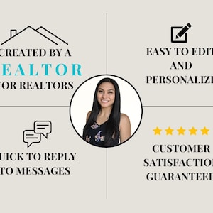 May include: A graphic with a house icon, text that reads "Created by a Realtor for Realtors", a woman's headshot, a chat bubble icon, text that reads "Quick to Reply to Messages", a pencil icon, text that reads "Easy to Edit and Personalize", five yellow stars, and text that reads "Customer Satisfaction Guaranteed".