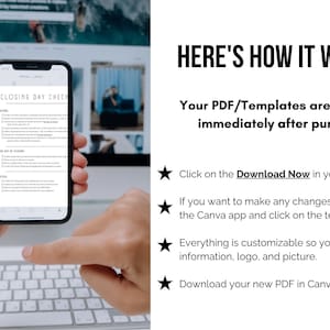 May include: A person's hand holding a smartphone displaying a checklist titled "Closing Day Check". The checklist includes sections for "Items", "The Day of Closing", and "After". The image is accompanied by text explaining how to use the checklist, which is available as a downloadable PDF template.