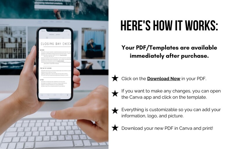 May include: A person's hand holding a smartphone displaying a checklist titled "Closing Day Check". The checklist includes sections for "Items", "The Day of Closing", and "After". The image is accompanied by text explaining how to use the checklist, which is available as a downloadable PDF template.