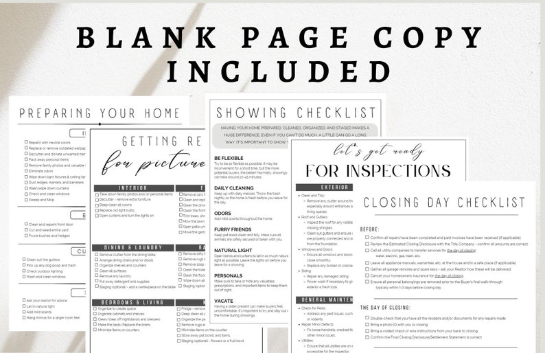 May include: A printable checklist for preparing a home for sale. The checklist includes sections for getting ready for pictures, showing the home, and closing day. The checklist is divided into interior, dining and laundry, bedrooms and living, exterior, and general maintenance.