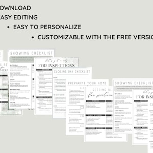 May include: A set of printable checklists for preparing a home for sale, including getting ready for pictures, inspections, and closing day. The checklists are in black and white with a green and white floral design.