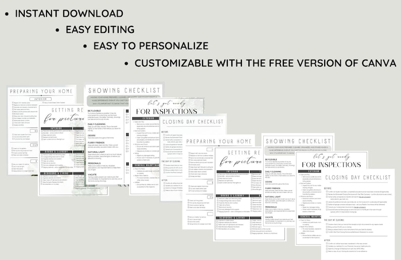 May include: A set of printable checklists for preparing a home for sale, including getting ready for pictures, inspections, and closing day. The checklists are in black and white with a green and white floral design.