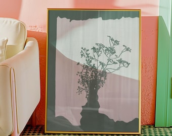 Botaniskt konsttryck i skugga – Minimalistisk grön väggdekor – Modern naturillustration – Estetisk växtkonst