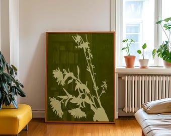 Abstrakt botanisk konst i olivgrönt solrostryck, blomposter, modern vardagsrumsinredning