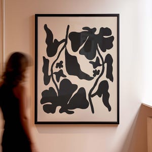 Moody Botanical Art, Organic Large Abstract Print, Abstract Floral Wall Decor, Mid Century Modern Beige and Black Wall Art
