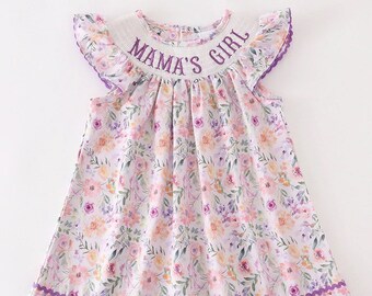 Girls Embroidered Smocked Dress Floral Fuchsia & Purple