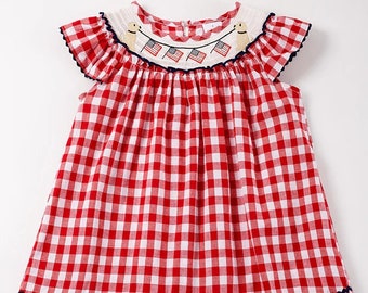 Red Plaid Smocked Dog & Flag Dress