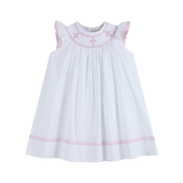 White and Pink Smocked Cross Bishop Dress