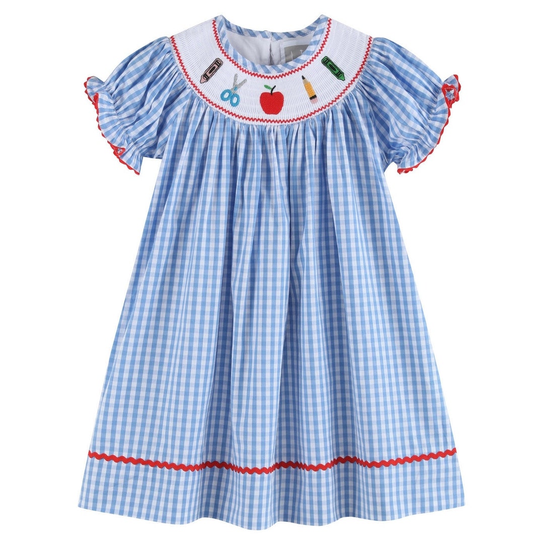 Blue Gingham Smocked Back to School Dress Etsy