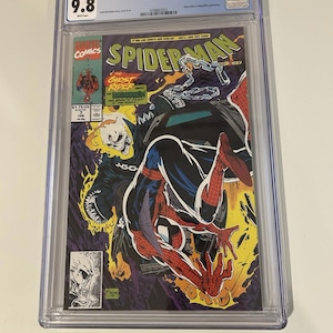 May include: A CGC Universal Grade 9.8 graded comic book featuring Spider-Man #7 from Marvel Comics, published in February 1991. The cover art depicts Spider-Man with Ghost Rider in a dynamic action scene, with flames and chains.