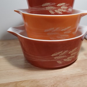Vintage Pyrex | Herbsternte | 3 Aschenputtel Auflaufformen mit Deckeln | 1970er Jahre
