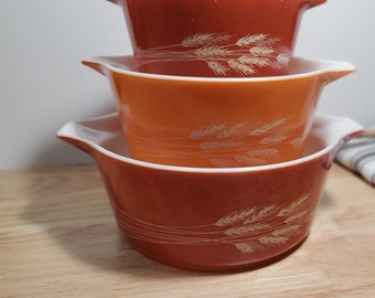 Vintage Pyrex | Autumn Harvest | 3 Cinderella Casserole Dishes with Lids | 1970s