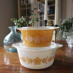 Vintage Pyrex | Butterfly Gold | 2 Cinderella Casserole Dishes with Lids | 1970s