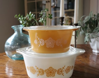Vintage Pyrex | Butterfly Gold | 2 Cinderella Casserole Dishes with Lids | 1970s