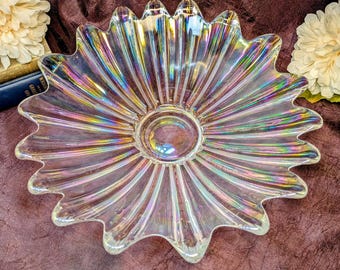 Ciotola celeste in vetro Federal Glass degli anni '60, centrotavola a forma di stella iridescente (diametro 29 cm)