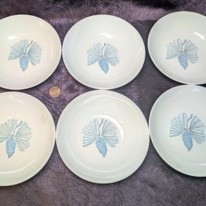 Könnte beinhalten: Sechs weiße Keramikschalen mit hellblauem Blumendesign. Die Schalen sind kreisförmig angeordnet. Zwischen zwei Schalen ist eine Münze zu sehen. Die Schalen sind wahrscheinlich zum Servieren von Speisen gedacht.