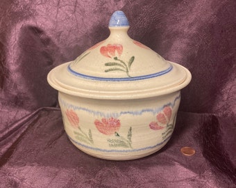 Art Pottery Studio Signed Bread Baker or Casserole Lidded Flowers Tulips Hand Made