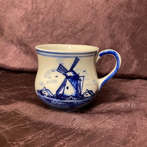 Delft Blue Windmill Floral Mug for Coffee or Tea Blue and White