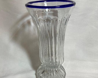 Glass Vase Ribbed with Cobalt Blue Rim Bombay Company mid 1990s
