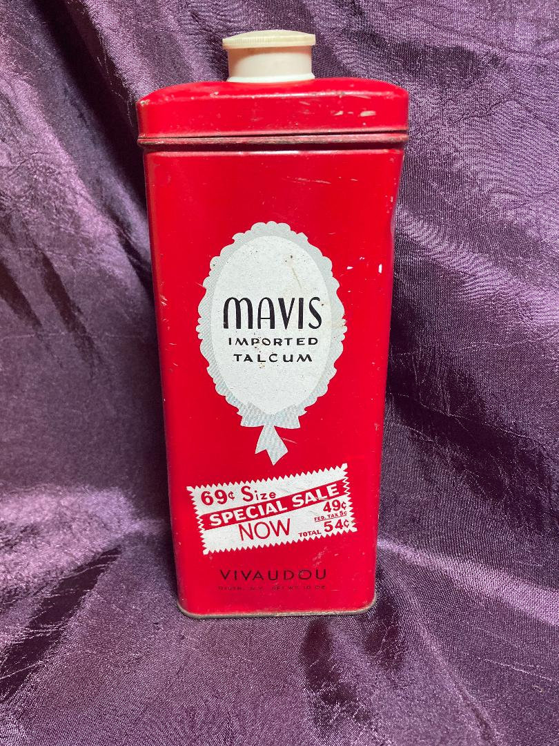 Mavis Imported Talcum Vivaudou Red Tin 1950s