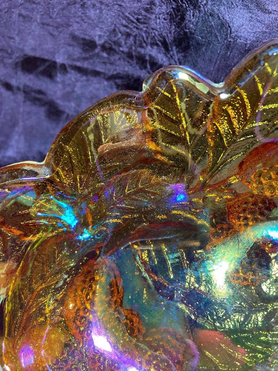 Iridescent Amber Orange Pressed Carnival Glass Raspberry Loganberry ...