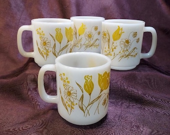 Glasbake Milk Glass Coffee Mugs Set of 4 Gold and Yellow Flowers