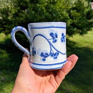 Vtg Blue and white Handmade Clover Mug