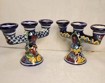 Pair Talavera Mexican Candelabras Blue Ceramic Candle Holders