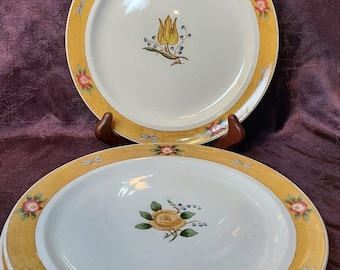 Royal Cauldon ROC 4 Mustard Yellow Band Dragonfly Antique Set of 6 Luncheon Plates