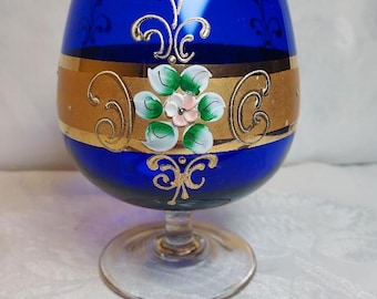Cobalt Blue Brandy Snifter: Bohemian Art Glass with Gold Floral Design