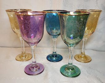 5 Cristalleria Fratelli Fumo Art Goblets Etched Vines Iridescent Vintage Italian