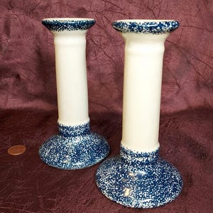 Candlestick Holders Spongeware Cream and Cobalt Blue