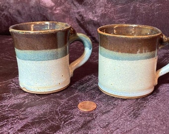 Pair of Espresso Cups Handmade Pottery Blue and Brown