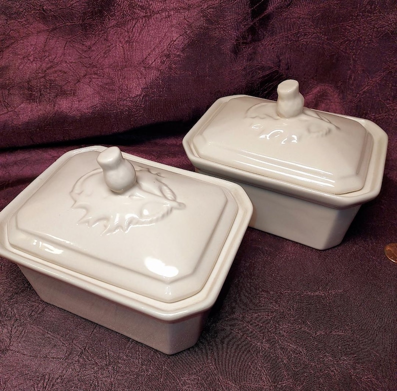 May include: Two off-white rectangular ceramic dishes with lids. Each lid features a raised floral design and a small knob. The dishes are on a dark purple surface. The dishes are likely for serving or storage.
