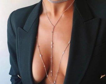 Body Jewelry, Crystal Stone Silver Body Chain,Layered Body Chain Bralette,Bikini Body Jewelry,Body Necklace,Silver Body Chain,Body Necklace