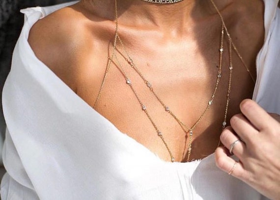 Crystal Stone Body Jewelry, Gold Body Chain,body Necklace,body Chain  Bralette, Bikini Body Jewelry,gold Body Chain, Body Necklace 