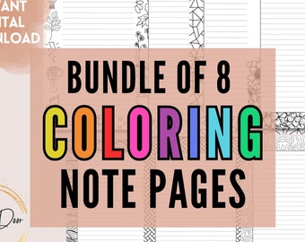 Puede incluir: Un paquete de 8 páginas de notas para colorear imprimibles. Cada página presenta una ilustración diferente en blanco y negro con espacio rayado para escribir. Las ilustraciones incluyen una escena de montaña, formas geométricas, flores y olas.