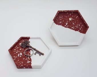 Hexagon Tray | Red & White Trinket Tray | Jewellery Dish | Home Decor | Housewarming Gift | Modern Terrazzo Design