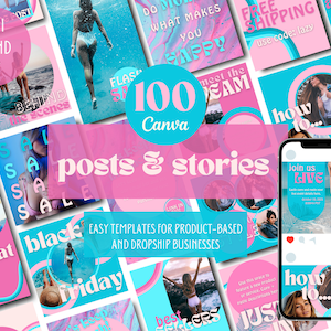 Cotton Candy Pink + Blue Luxury Business Brand Kit | 100 Posts + Stories | Beauty Fashion | Hot Pink Teal Aqua CANVA Social Media Templates