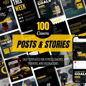 Puede incluir: Un collage de 100 plantillas de Canva para entrenadores de fitness, entrenadores e instructores. Las plantillas presentan un esquema de color negro y amarillo con texto motivacional como "Comienza a entrenar hoy", "Alcanza tus objetivos" y "Semana de desafío de fitness".